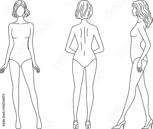 Female croquis template front, back, side view for fashion design, body outline sketch for clothing illustration and model drawing

 flat vector illustration
