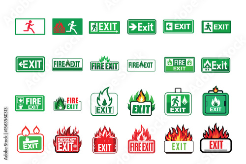 Collection of various exit signs and emergency exit symbols including running man icons fire symbols and directional arrows for safety and evacuation purposes