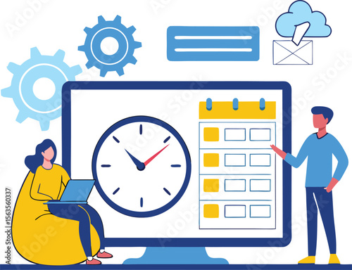 Teamwork and productivity concept with people computer clock calendar gears and cloud services isolated on transparent background