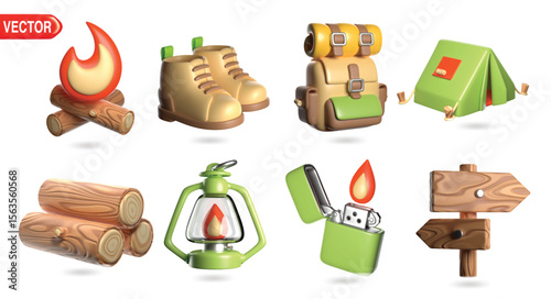 3D illustration vector set featuring camping gear icons, including a campfire, boots, backpack, tent, logs, lantern, lighter, and signpost. Ideal for outdoor adventure and camping themes.
