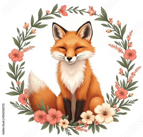 Cute Fox with Floral Wreath in Hand-Drawn Woodland Style