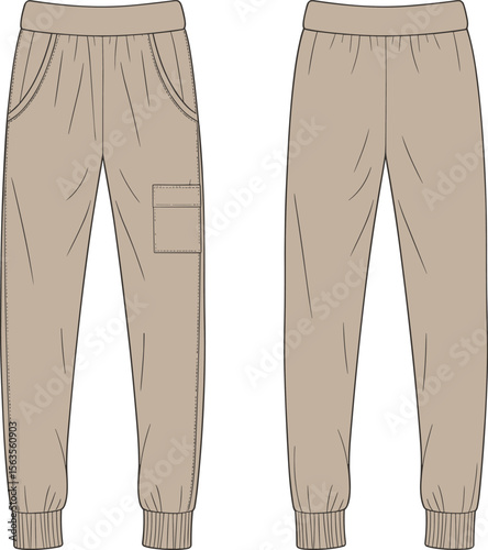 Men’s cargo jogger pants flat sketch, front and back view, vector fashion template, technical drawing for clothing design illustration

 flat vector illustration