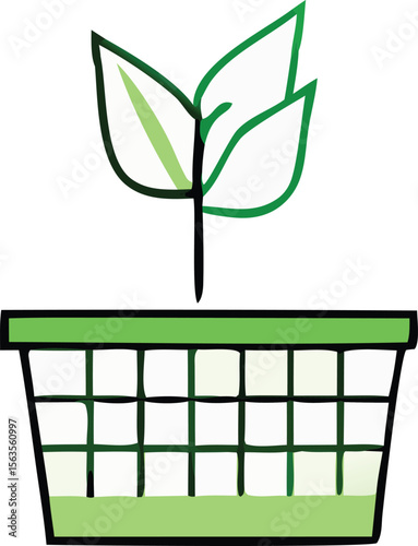 A simple green plant with three leaves grows from a stylized green basket filled with water