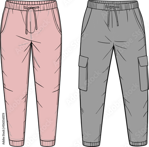  Men and women jogger pants vector template, front view, casual fashion design, technical flat sketch, modern sweatpants illustration

 flat vector illustration
