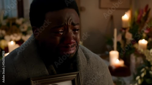Heartbroken African American man weeping with wife portrait at funeral gathering.