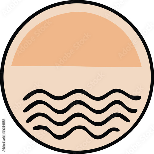 Stylized circular logo featuring a serene landscape with a warm sun over gentle wavy water in muted earth tones