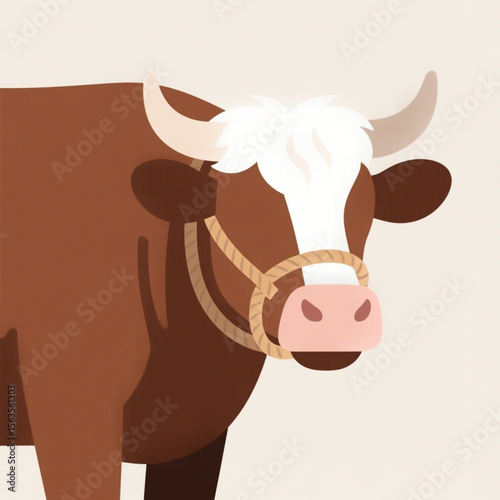 a brown cow with milky white hair on its forehead, standing with a rope tied to its nose.