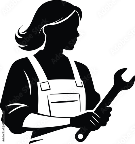 Silhouette of a woman in overalls holding a wrench in her hand on a white background vector image
