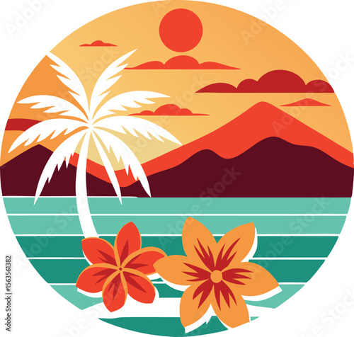 Stylized tropical island sunset with palm tree ocean and flowers isolated on transparent background