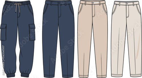 Men’s pants vector set, jogger, cargo, chinos, technical flat sketch, fashion illustration, modern trousers for clothing design flat vector illustration