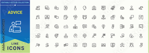 Advice related icon set. Advice icon collection. Simple line vector icons. Contain linear symbols train, leadership, counselor, mentor, lead and more. Editable stroke collections.