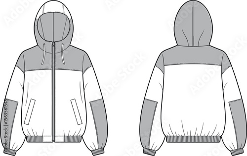 CAD drawing flat vector illustration of hooded jacket design, front and back garment view, zipper closure, panel seam detail, outerwear fashion sketch, stylish clothing template layout