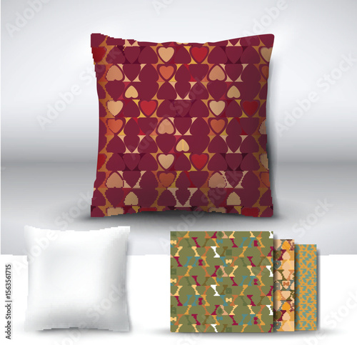Set of realistic 3d throw pillows with seamless pattern samples. Apartment interior design element. Cushion isolated on a gray background.