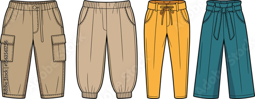 Women’s and kids pants fashion flat sketch, stylish joggers, cargo and belted trousers front view vector illustration template

 flat vector illustration