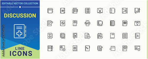 Set of Discussion line icon. Contains related to meeting, meet, class, seminar, team, teamwork, interview and more. Agenda modern icon set. Sign and Symbol. Editable vector art and illustration.