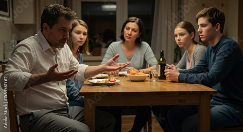 Family dinner turns tense as a father addresses his children and wife, creating a palpable atmosphere of conflict and unspoken emotions.