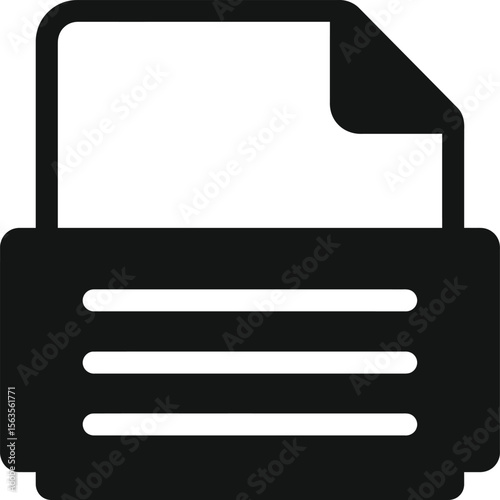 A simple black and white illustration of a printer with a paper coming out of the machine device icon silhouette