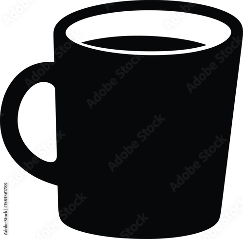 A simple black mug illustration with a white interior and a handle on the left side of the image frame silhouette