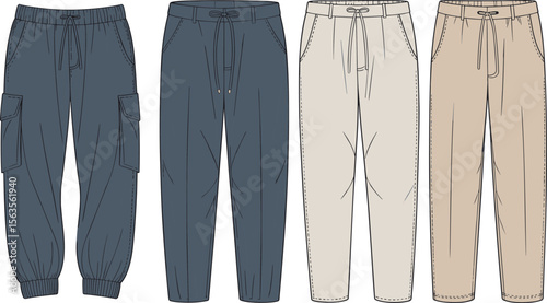 Men’s drawstring pants vector illustration, joggers fashion sketch, cargo and casual trousers front view, flat design template style flat vector illustration
