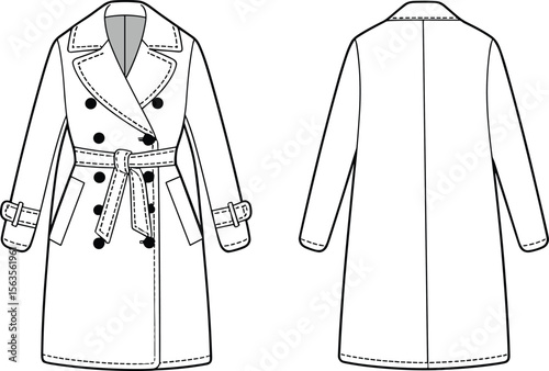 CAD drawing flat vector illustration of double-breasted trench coat, belted waist, sleeve strap detail, button closure, front and back garment view, outerwear fashion design sketch layout