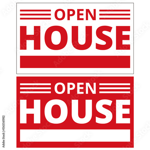 Red and white open house sign on a white background