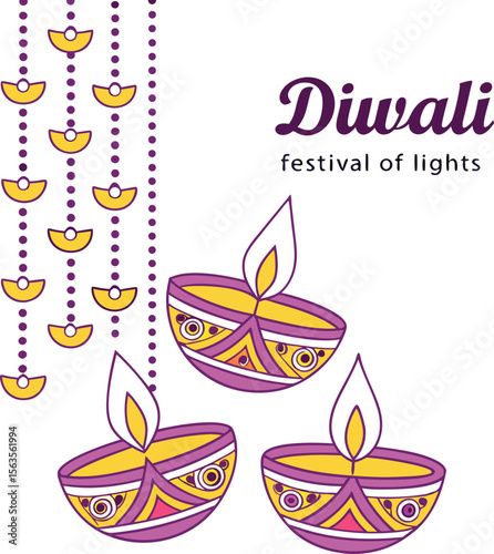 Colorful Diwali Festival of Lights Illustration with Traditional Oil Lamps