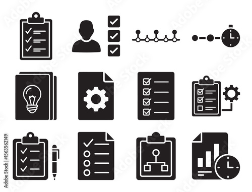Project management and planning glyph icon collection for task and timeline organization showing checklist clipboard lightbulb idea and strategic goal setting