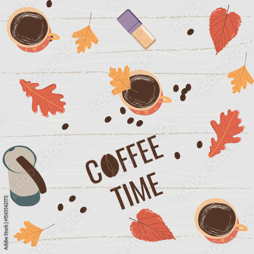 Pattern with coffee cups and autumn leaves. Vector image for wrapping or packaging