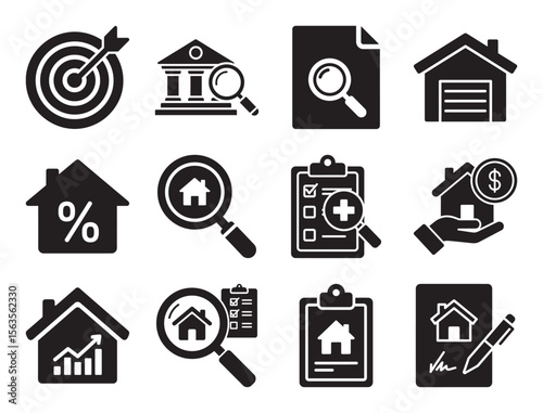 Property inspection and valuation glyph icon set for real estate audit showing house search document analysis financial assessment and building quality check
