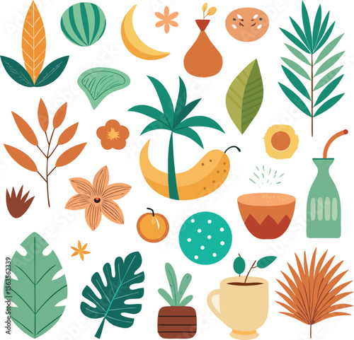 A whimsical collection of tropical flora fruits and decorative elements in a flat design style