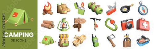 3D illustration of a camping essentials set including tent, fire, boots, axe, knife, compass, flashlight, first aid kit, rope, and more, ideal for outdoor adventure and survival concepts.
