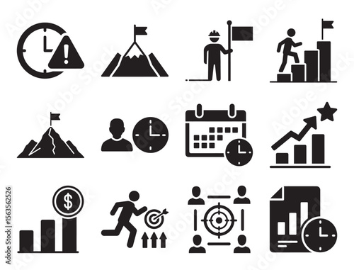 Project milestones and deadlines solid icon set for goal achievement and success tracking showing flag clock calendar target and other progress symbols