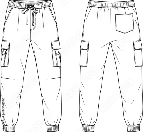CAD drawing flat vector illustration of cargo pants, drawstring waistband detail, elastic cuffs, front and back view, multiple pocket layout, casual wear garment sketch design template