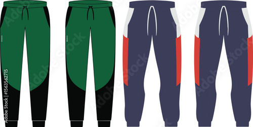 Men’s athletic jogger pants front and back, sportwear template, track pants design, color block detail, vector flat sketch

 flat vector illustration