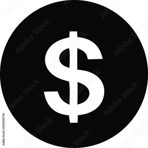 A stark white dollar sign is prominently displayed against a solid black circular background symbolizing currency and finance
