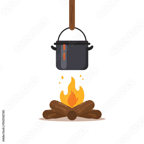 Cooking pot hanging over campfire with flames and wooden logs  