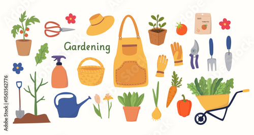 Gardening tools, vegetables, flowers, and plants in flat hand-drawn vector style, bright earthy colors, clean texture. Perfect for eco projects, stickers, planners, education, spring and farm designs.