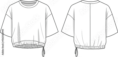 CAD drawing flat vector illustration of cropped T-shirt, drawstring hem detail, short sleeve fashion design, front and back view sketch, stylish casual garment layout template