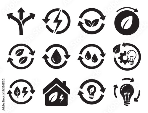 Renewable energy cycle solid glyph icons for sustainable power generation showing circular process of water leaf lightning and eco friendly resource management
