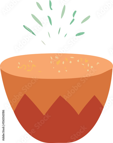 A vibrant abstract illustration of a bowl filled with a flavorful soup emitting a burst of fresh green herbs