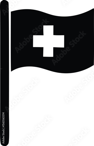 A simple black and white icon of a flag with a white cross representing medical or humanitarian aid