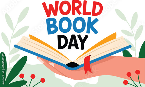 Illustration of World Book Day with a stack of books an open book and an inkwell with a feather celebrating reading and literature