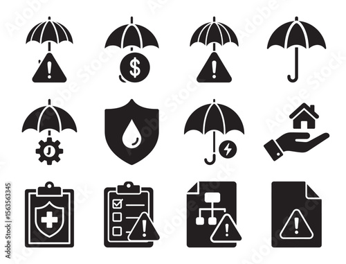 Risk management and insurance glyph icon collection for financial protection and safety showing umbrella shield document money and other security symbols
