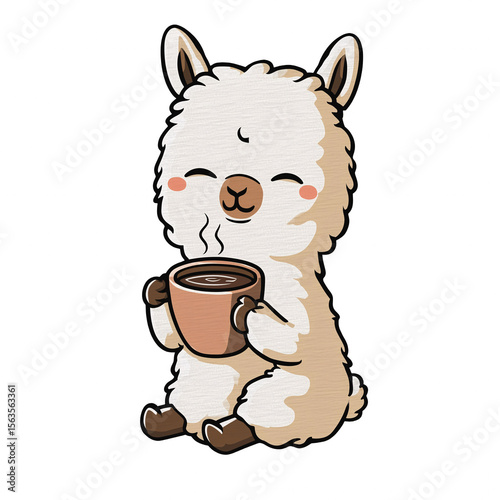Cute cartoon alpaca enjoying a cup of hot coffee