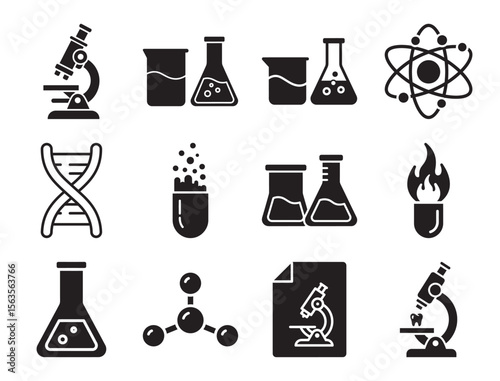 Scientific research and laboratory glyph icon set for chemistry and biology showing microscope beaker test tube atom and other experiment equipment symbols