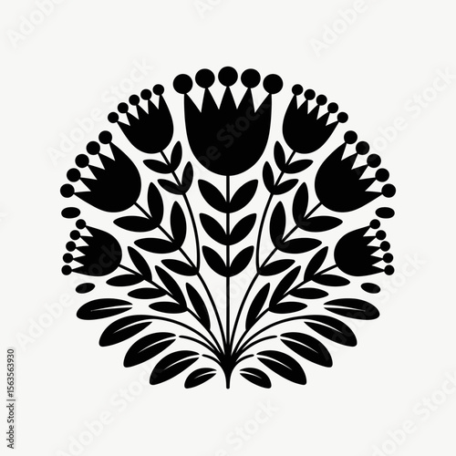 A symmetrical black floral design features stylized flowers and leaves arranged in a circular pattern, giving it a harmonious and balanced appearance