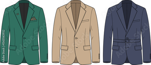 Three stylish men’s blazer jacket fashion flat sketches with belt, lapel, and pocket details for modern apparel design collection flat vector illustration