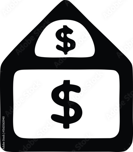 Simple black and white icon of a house with dollar signs representing financial security and home ownership