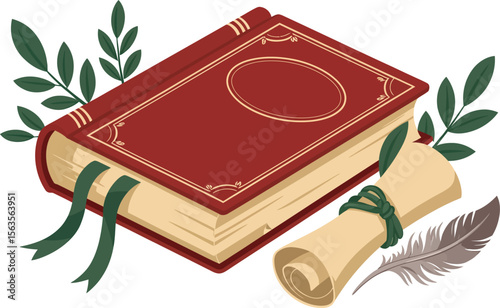 Colorful World Book Day Illustration with Open Book and Hand Featuring a Red Ribbon Bookmark and Greenery on a White Background Ideal for Educational and