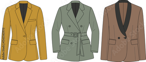 Fashion flat sketch of three stylish men’s blazers, showcasing classic tailoring, modern belts, and shawl collar designs in color flat vector illustration